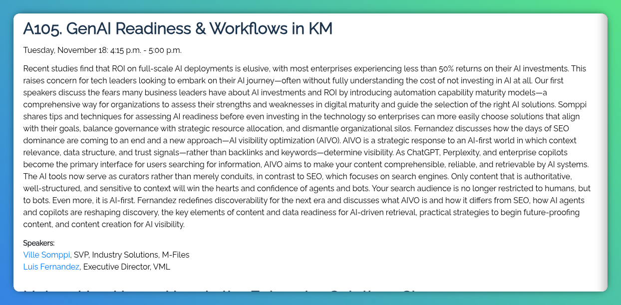 KMWorld 2025 program listing for session A105 — GenAI Readiness & Workflows in KM